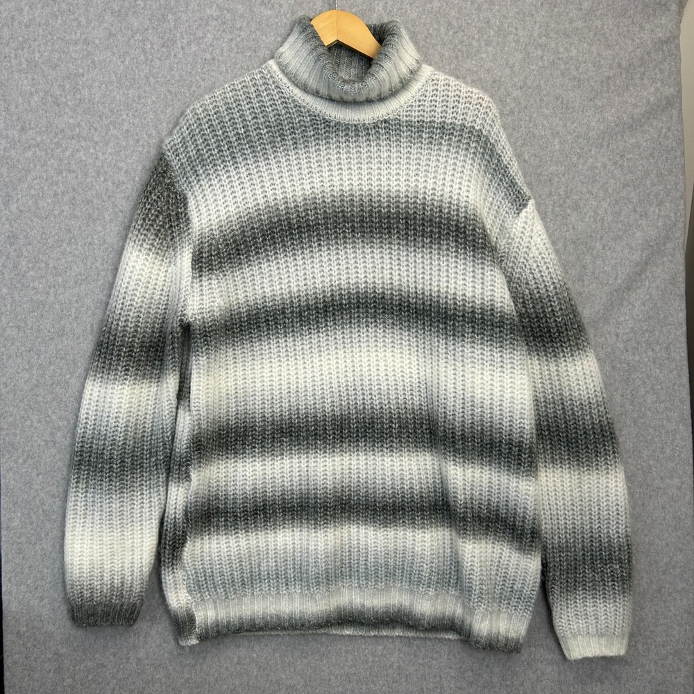 Topman Mens L Turtleneck Sweater Gray White Ombre Striped Knit Winter Cabin Cozy